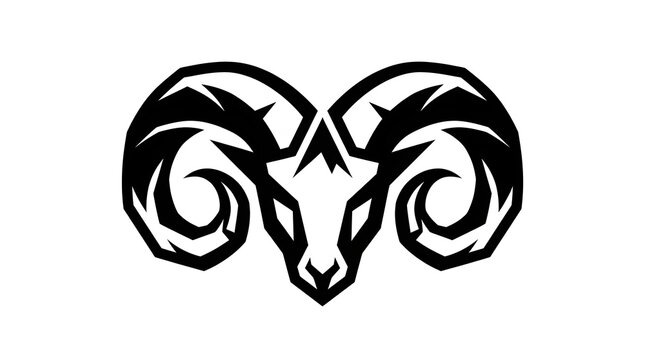 Tribal ram head mascot illustration with large curved spiral horns