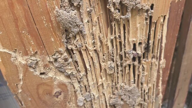 Close up of wood damaged by termites with visible mud tubes and hollowed out layers