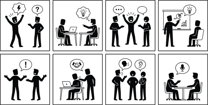 Business stick figure people collaborating brainstorming presenting ideas communicating and working together in office storyboard set vector
