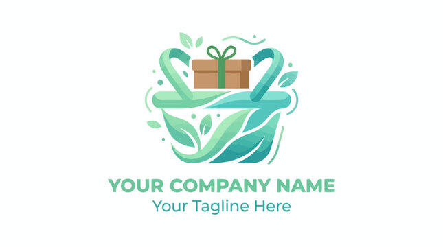Eco-friendly shopping basket logo with gift box and leaves, sustainable commerce concept