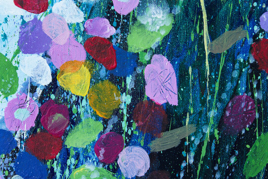 Abstract floral garden oil painting background. Colorful round paint dabs and brush dots on dark canvas for artistic impressionist design