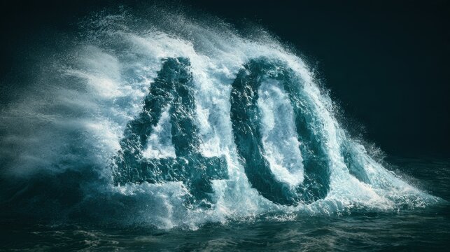 A crashing ocean wave shapes the number 40 in dynamic motion. White foam and teal water create a powerful scene against a dark background.