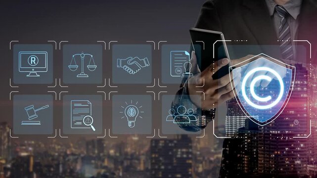 Digital copyright protection system showing secure ownership, intellectual property rights, content verification, and legal warning icons for creators and publishers Marrow
