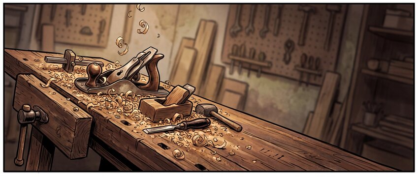 Carpentry workbench with hand plane and wood shavings in workshop