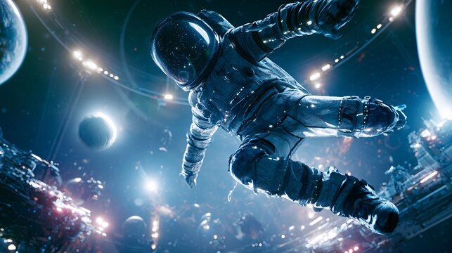 A lone astronaut suspended mid-motion kicking a glowing ball across a vast orbital arena ringed