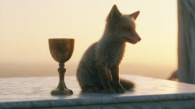 A small fox sitting beside an ornate golden chalice offered by an unseen god's glowing hand