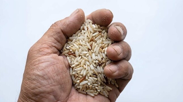 Close up of a human hand holding a handful of raw organic brown rice grains