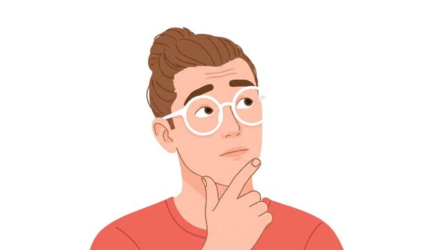 Young man pondering thoughtful expression white background