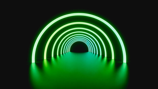 A 3D rendered abstract space featuring layered green neon arched tunnels receding into a dark end, with a smooth reflective surface below.