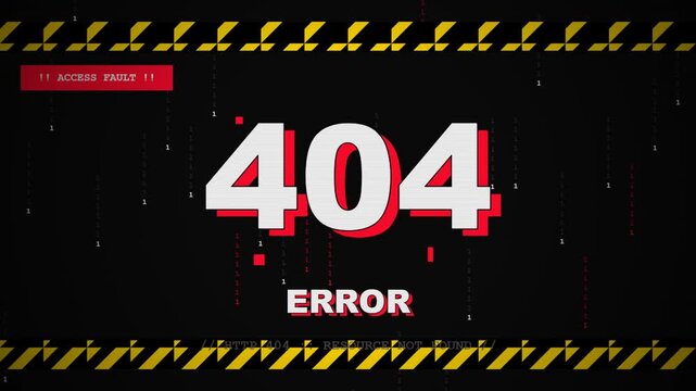 Brutalist 404 error animation featuring binary code rain, yellow and black hazard stripes, access fault warning, massive 404 typography, ERROR message and HTTP resource not found subtitle. The 404 num