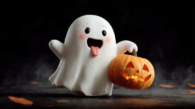 Ghost character with tongue out lifting a carved pumpkin