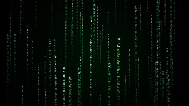 Continuous futuristic 3D binary code rain streaming through a simulated perspective tunnel without any text or HUD. Features 130 columns of falling zeros and ones, depth-based scale and speed, glowing