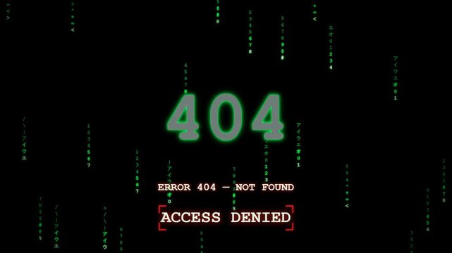 Futuristic terminal penetration testing interface showing network scanning, HTTP 404 response, endpoint failure and remote host permission denial. Green terminal logs and digital code rain transition 