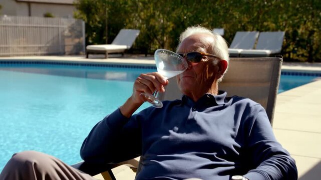 Older man raises a chilled drink in a stemmed glass while reclining beside a bright outdoor swimming pool, then brings it to his lips in warm sunlight with lounge chairs behind