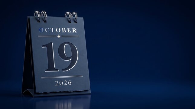 October 19 2026 desk calendar on dark blue background, elegant paper flip calendar showing nineteenth day of the month, professional office schedule and time management concept