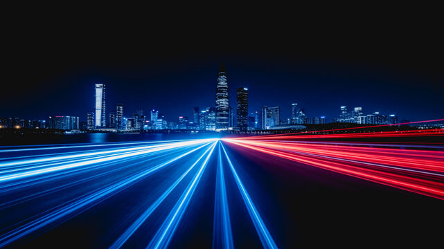 A modern night city skyline with bright blue and red light trails streaking across the foreground, creating a dynamic futuristic visual effect.