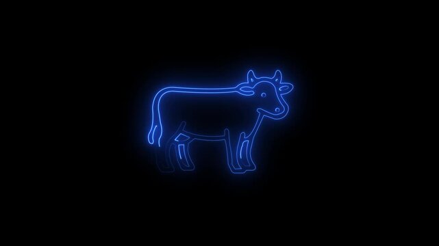 Neon cow outline animation on black background 4k video animation 