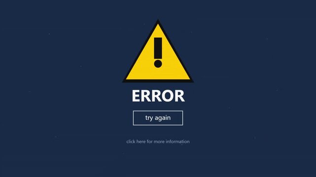 Minimal futuristic error interface animation featuring a yellow warning triangle, ERROR message, try again button and information link. UI elements enter from incorrect positions and snap precisely in