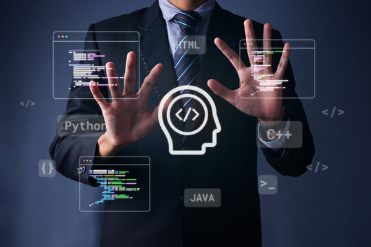 Businessman Open Hand Towards Holographic Code Windows Icon Against Dark Background