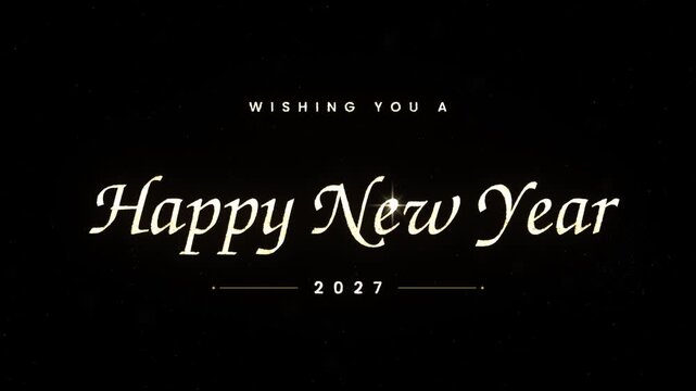 Happy New Year 2027 gold glitter text animation on black background, sparkle writing elegant script greeting with star glints