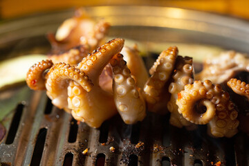 Grilling spicy octopus on hot charcoal BBQ grill netting with smoke © mnimage
