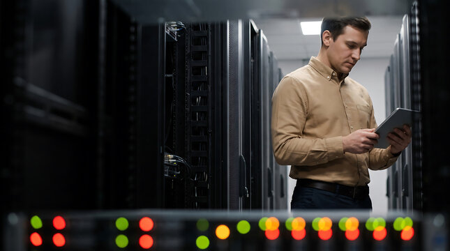 IT professional applying technical expertise, framed by server racks in a data center, observing system status light.