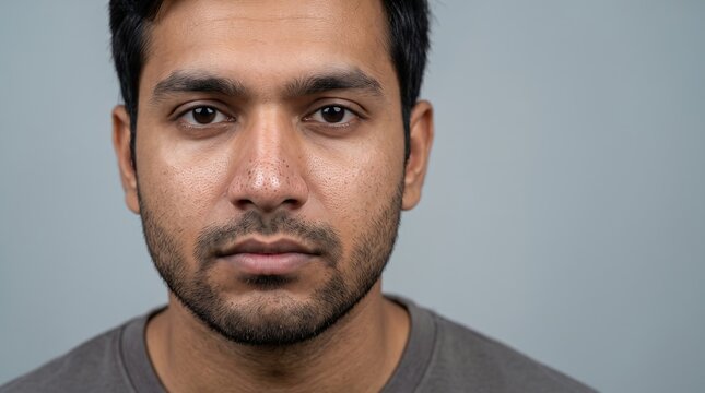Front portrait of adult man showing enlarged pores blackheads and oily t zone on facial skin
