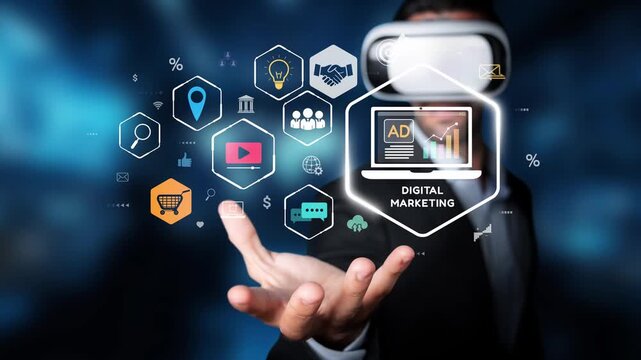 A dynamic representation of digital marketing through virtual reality technology, showcasing essential icons related to advertising, communication, and business growth strategies. Raster