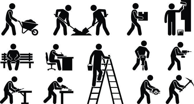 Industrial construction manual labor stick figure icon set depicting workers dig painting climbing and using power tools vector