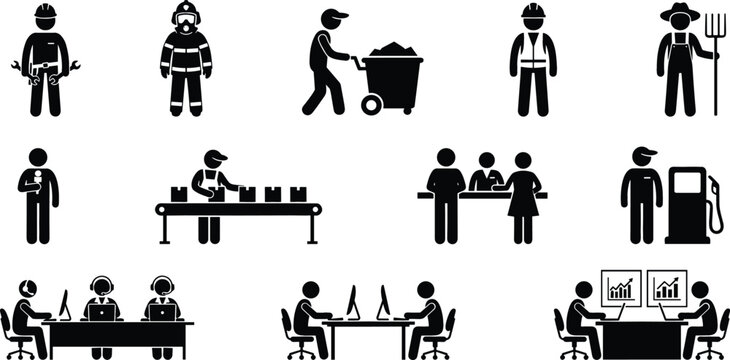 Stick figure people icon set representing professional occupations essential jobs industry workers customer service and office employees vector