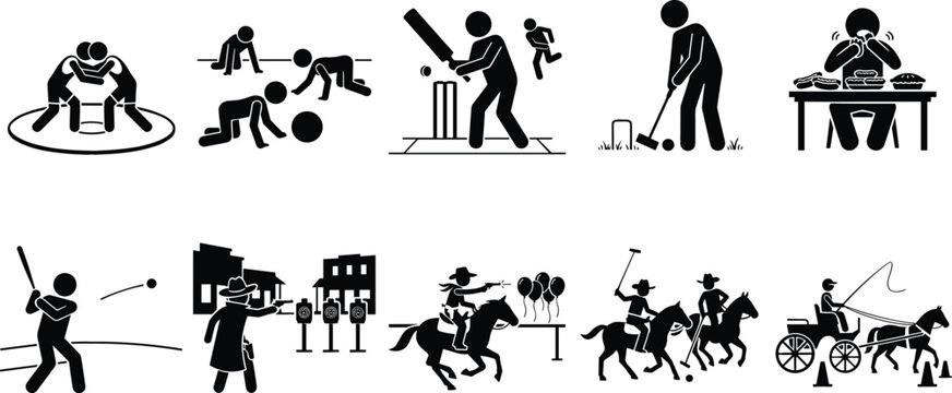 Stick figure sports pictogram collection alphabet C starting sports including sumo wrestling croquet cricket horse carriage driving and eating vector