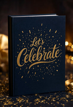 Dark Blue Gift Box With Gold Celebration Text And Sparkles