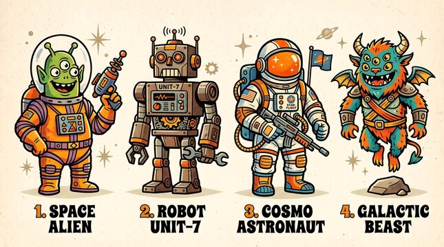 Set of retro space characters including an alien robot astronaut and monster in a cartoon style
