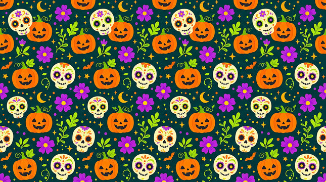Happy Halloween sugar skull and pumpkin pattern for festive decorations and gifts