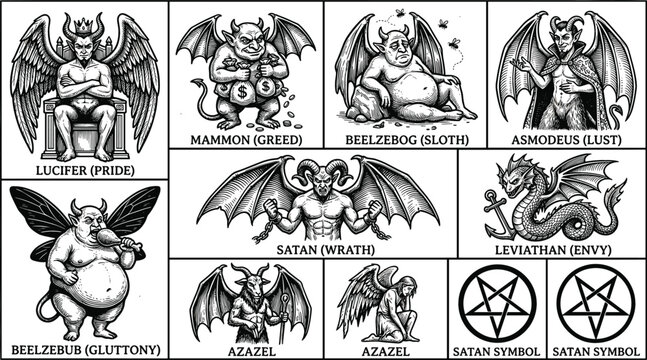 Vintage hand drawn illustration collection of the seven deadly sins demons featuring Lucifer Satan Mammon and occult pentagram symbols