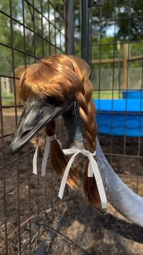 Funny emu wearing a blonde braided wig with pigtails and white bows in farm enclosure
