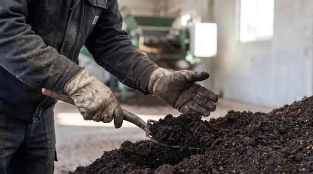 Close-up of a worker's gloved hands turning rich compost in a waste management facility, showcasing sustainable practices.
