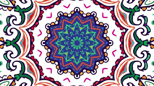Ethnic mandala patterns spin into a colorful psychedelic kaleidoscope animation, producing mesmerizing abstract visuals for music festivals and social.