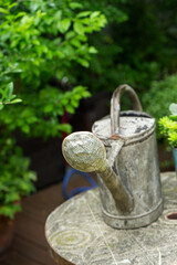 Vintage metal watering can sitting on a stone pedestal in a lush green garden, rustic style © mnimage
