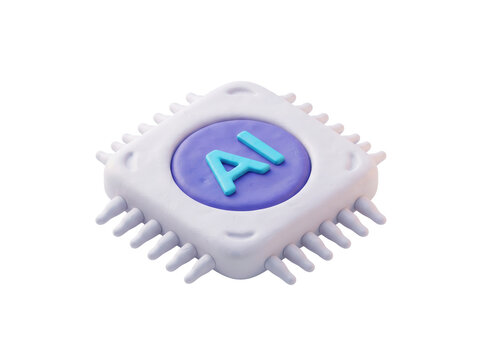 AI microchip 3D render illustration with clay texture and isometric perspective capturing future technology and machine learning for software development and hardware innovation.