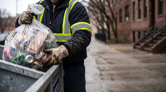 Urban sanitation worker managing public waste: placing a bag of separated recyclable items into a collection point.
