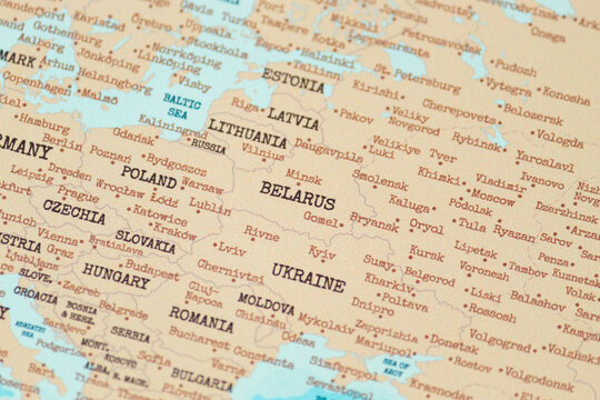 Close up view of belarus on a vintage political world map