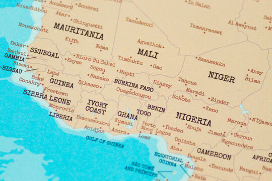 Close up view of burkina faso on a vintage political world map
