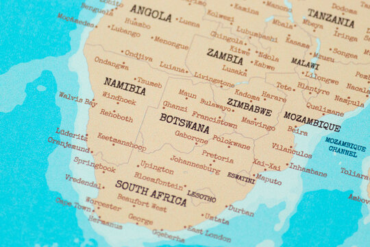 Close up view of botswana on a vintage political world map