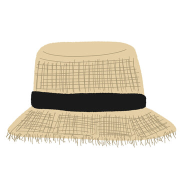 Beige raffia straw bucket hat with black band illustration with hand drawn crayon texture on isolated black background