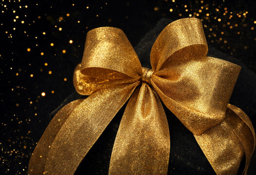Golden Glitter Bow Ribbon Isolated Against Sparkling Holiday Background