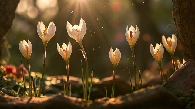 White flowers blooming in a forest glade under warm sunlight rays with sun rays