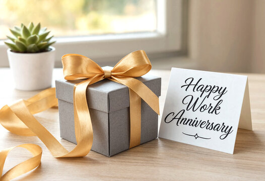 Gray gift box with golden ribbon celebrating work anniversary on wooden surface