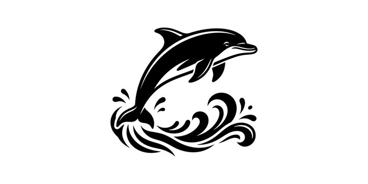 Jumping dolphin silhouette with ocean waves for marine life art projects.