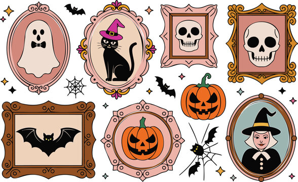Halloween collection with vintage frames, ghost, black cat, skull, jack-o'-lantern, witch, bats, and spiderwebs on a white background